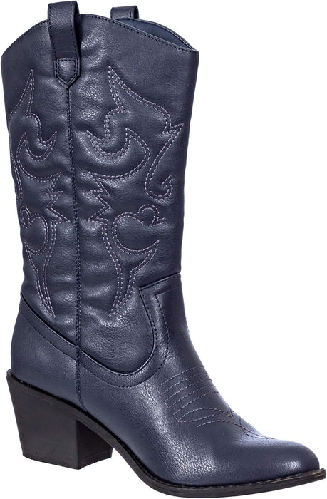 Cowboy Boots for Women Mid-Calf Boot Embroidered Stiching Western Cowgirl Boots Low Stacked Heel