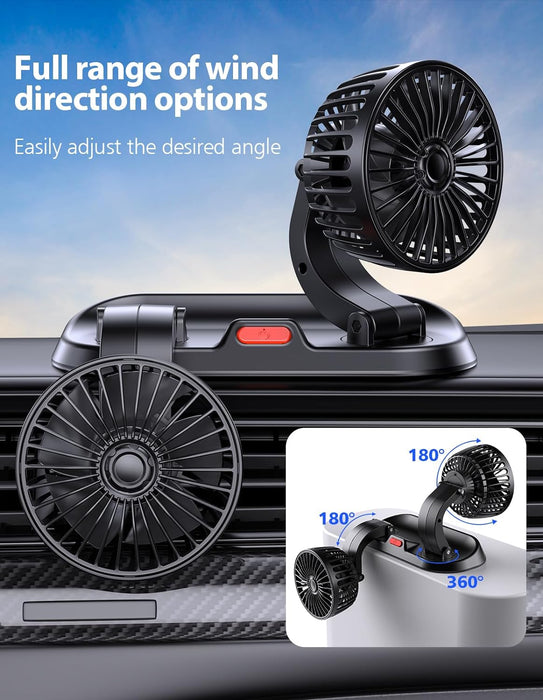 Car Fan - Dual Head USB Fan for Car, Portable Vehicle Cooling Fan - Brushless Motor(2024 Upgraded) - 3 Speeds, 360° Rotation, for Car Dashboard, Suv/Rv/Truck/Sedan/Cruise/Office, USB Powered