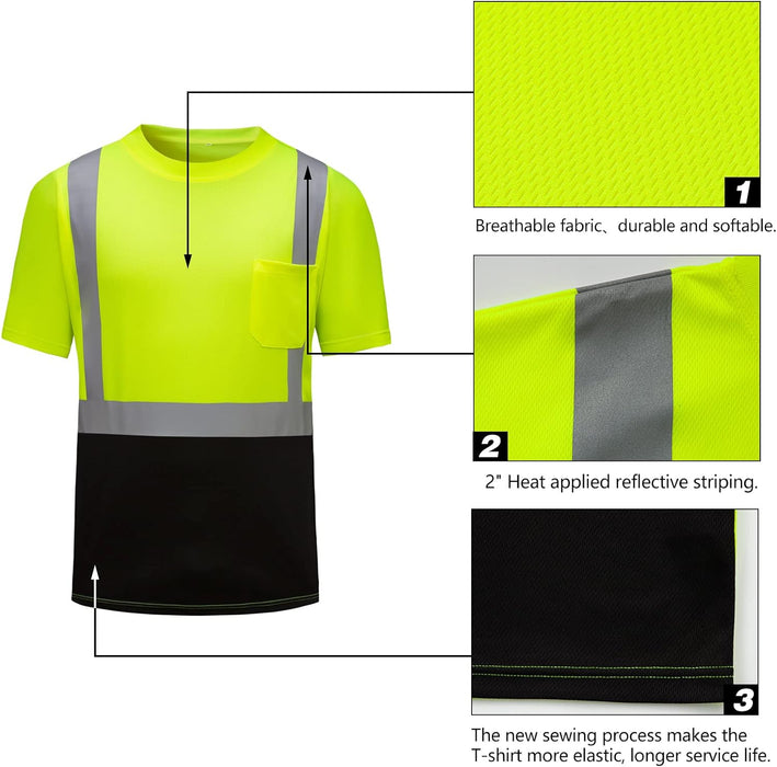 High Visibility Shirts Quick Dry Safety T Shirts with Reflective Strips and Pocket Short Sleeve Mesh Hi Vis Construction Work Class 2 Shirt for Men/Women Black Bottom Lime,Medium