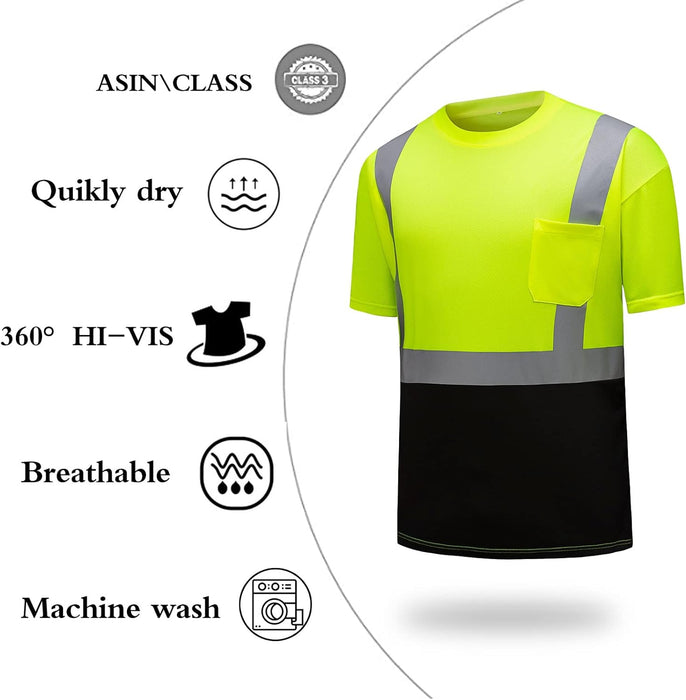 High Visibility Shirts Quick Dry Safety T Shirts with Reflective Strips and Pocket Short Sleeve Mesh Hi Vis Construction Work Class 2 Shirt for Men/Women Black Bottom Lime,Medium