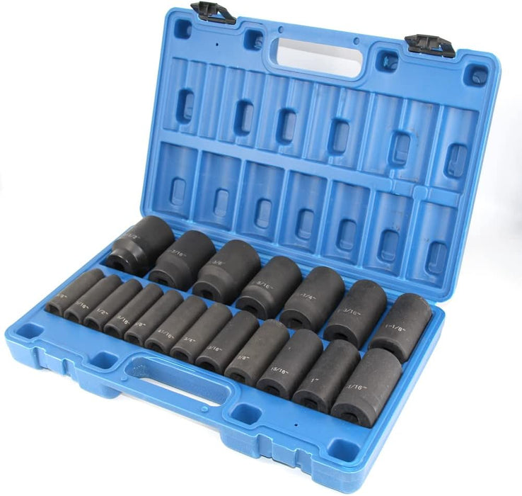 19Pcs 1/2" Impact Socket Set, 6-Point Deep Socket, Cr-V Steel, 3/8 Inch - 1-1/2 Inch