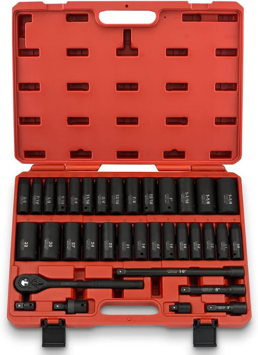 02475A 1/2" Drive Deep Impact Socket Set, 14 Piece | 6 Point Metric Sizes (11-32 Mm) | Cr-V Steel