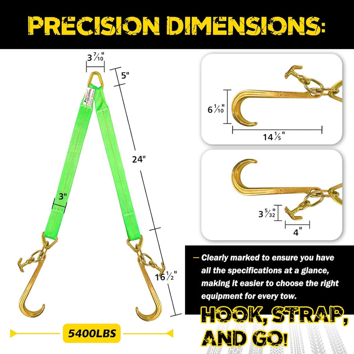 V Bridle Tow Strap W/ 15'' J & T-J Hooks | 3" X 36'' Recovery V-Strap, Hi VIZ Green Webbing, 5400Lbs WLL | Heavy Duty Tow Straps W/Reinforced Webbing for Towing, Car Hauler, Wrecker, Rollback