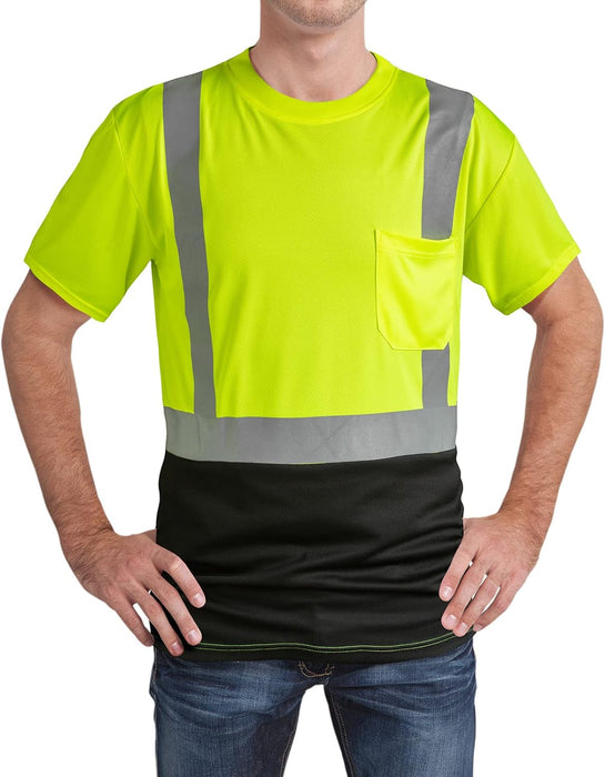 High Visibility Shirts Quick Dry Safety T Shirts with Reflective Strips and Pocket Short Sleeve Mesh Hi Vis Construction Work Class 2 Shirt for Men/Women Black Bottom Lime,Medium