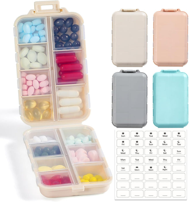 3 Pack, 14 GRIDS Travel Pill Organizer Box with Labels - Travel Medicine Case Kit - Pocket Daily Pharmacy Container - Travel Medication Holder Dispenser for Fish Oil Vitamin Supplement Storage