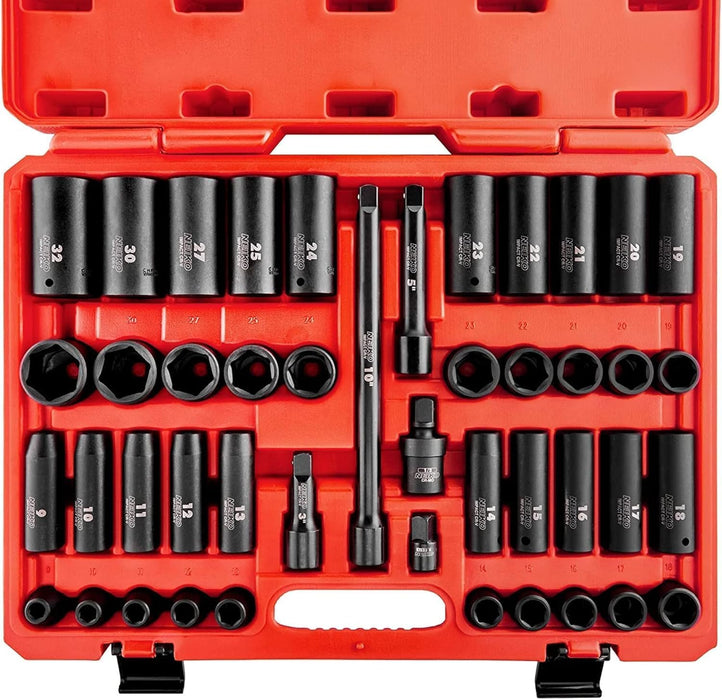 02475A 1/2" Drive Deep Impact Socket Set, 14 Piece | 6 Point Metric Sizes (11-32 Mm) | Cr-V Steel