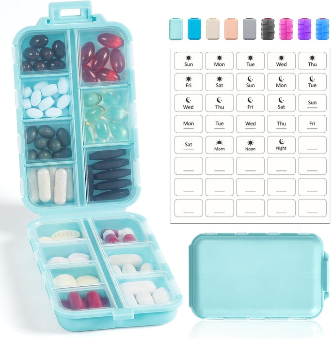 3 Pack, 14 GRIDS Travel Pill Organizer Box with Labels - Travel Medicine Case Kit - Pocket Daily Pharmacy Container - Travel Medication Holder Dispenser for Fish Oil Vitamin Supplement Storage