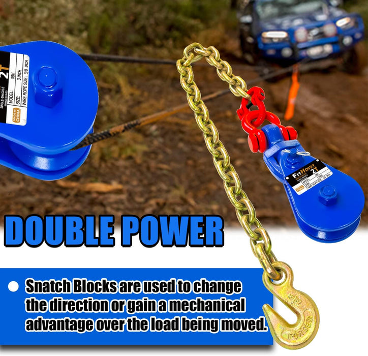 2 Tons Snatch Block with G80 Chain | 3" Sheave for 3/8" Inch Wire Rope | High Strength Snatch Blocks for Towing and Recovery Applications | Tow Truck Rollback Wrecker Car Hauler Winch