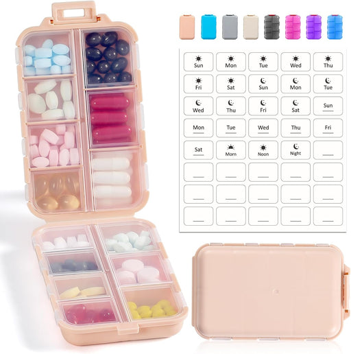 3 Pack, 14 GRIDS Travel Pill Organizer Box with Labels - Travel Medicine Case Kit - Pocket Daily Pharmacy Container - Travel Medication Holder Dispenser for Fish Oil Vitamin Supplement Storage