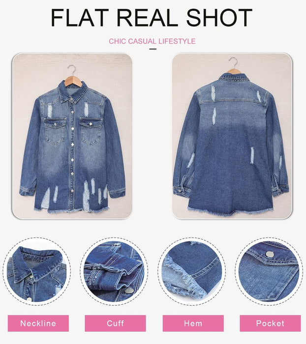 Women'S Oversized Denim Jacket Casual Long Boyfriend Distresse Jean Jacket Autumn Spring