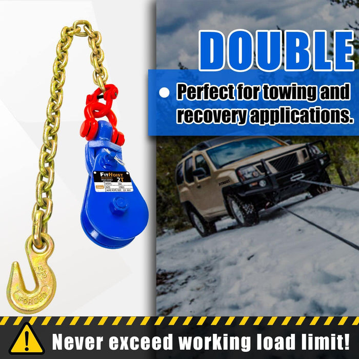 2 Tons Snatch Block with G80 Chain | 3" Sheave for 3/8" Inch Wire Rope | High Strength Snatch Blocks for Towing and Recovery Applications | Tow Truck Rollback Wrecker Car Hauler Winch