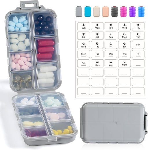 3 Pack, 14 GRIDS Travel Pill Organizer Box with Labels - Travel Medicine Case Kit - Pocket Daily Pharmacy Container - Travel Medication Holder Dispenser for Fish Oil Vitamin Supplement Storage