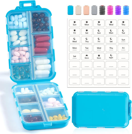 3 Pack, 14 GRIDS Travel Pill Organizer Box with Labels - Travel Medicine Case Kit - Pocket Daily Pharmacy Container - Travel Medication Holder Dispenser for Fish Oil Vitamin Supplement Storage