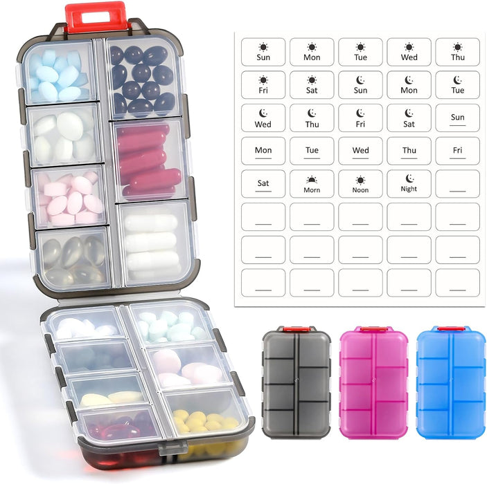 3 Pack, 14 GRIDS Travel Pill Organizer Box with Labels - Travel Medicine Case Kit - Pocket Daily Pharmacy Container - Travel Medication Holder Dispenser for Fish Oil Vitamin Supplement Storage