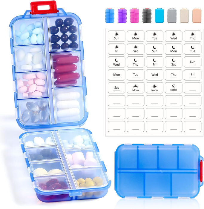 3 Pack, 14 GRIDS Travel Pill Organizer Box with Labels - Travel Medicine Case Kit - Pocket Daily Pharmacy Container - Travel Medication Holder Dispenser for Fish Oil Vitamin Supplement Storage