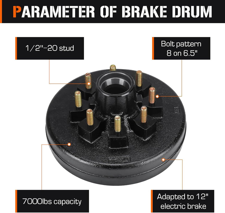 8 on 6.5" Bolt Circle Hub Drum Kits W/ 12" X 2" Left and Right Electric Brake for 7,000Lbs Trailer Axle,Cone Bearing