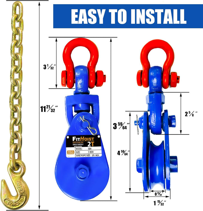 2 Tons Snatch Block with G80 Chain | 3" Sheave for 3/8" Inch Wire Rope | High Strength Snatch Blocks for Towing and Recovery Applications | Tow Truck Rollback Wrecker Car Hauler Winch