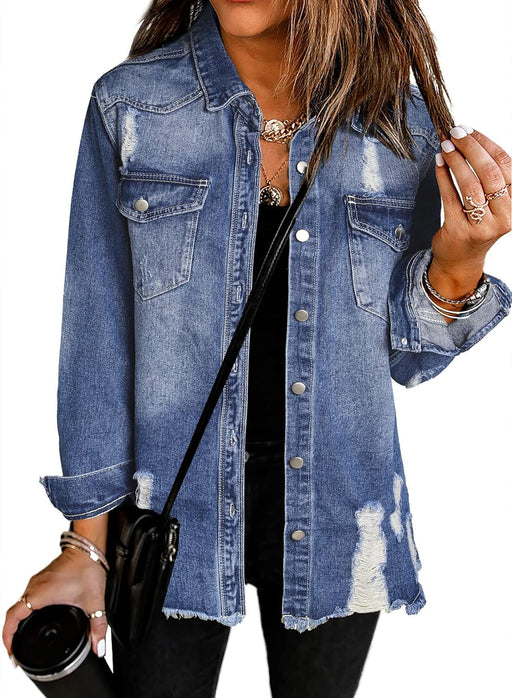 Women'S Oversized Denim Jacket Casual Long Boyfriend Distresse Jean Jacket Autumn Spring