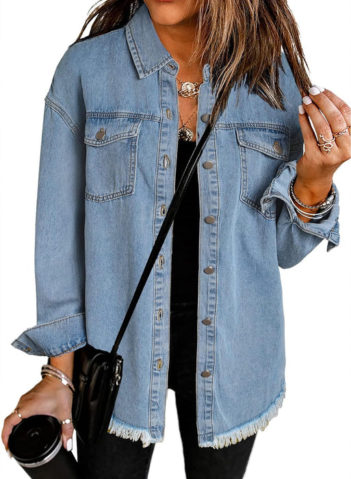 Women'S Oversized Denim Jacket Casual Long Boyfriend Distresse Jean Jacket Autumn Spring