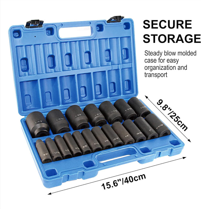 19Pcs 1/2" Impact Socket Set, 6-Point Deep Socket, Cr-V Steel, 3/8 Inch - 1-1/2 Inch