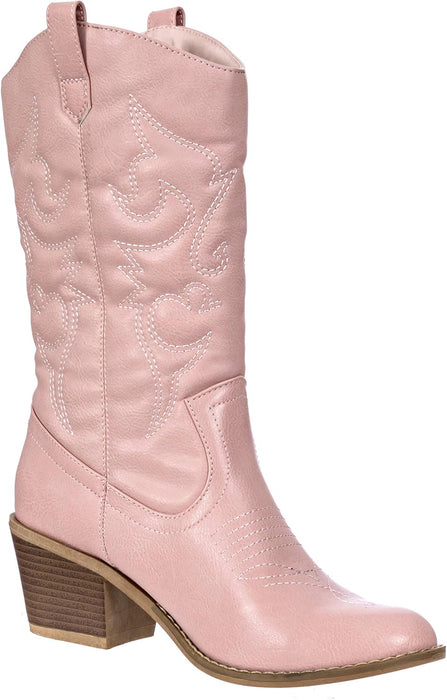 Cowboy Boots for Women Mid-Calf Boot Embroidered Stiching Western Cowgirl Boots Low Stacked Heel