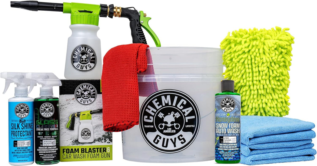 HOL148 10-Piece Arsenal Builder Car Wash Kit with Foam Gun, Bucket, (4) Towels, Wash Mitt and (3) 16 Oz. Car Cleaning Chemicals (Works W/Garden Hose) – 2024 Version