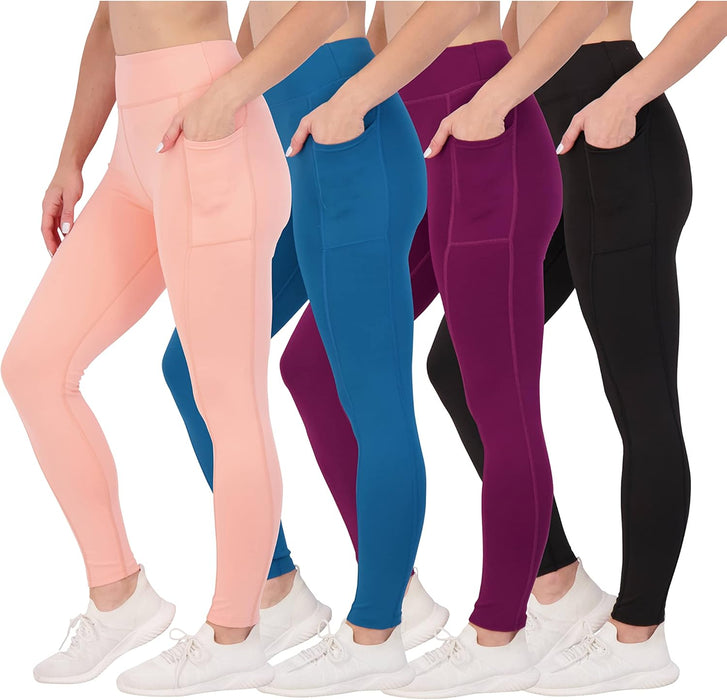 4-Pack: Women'S Full Length Fitted Athletic Yoga Performance Leggings with Pockets (Available in plus Size)