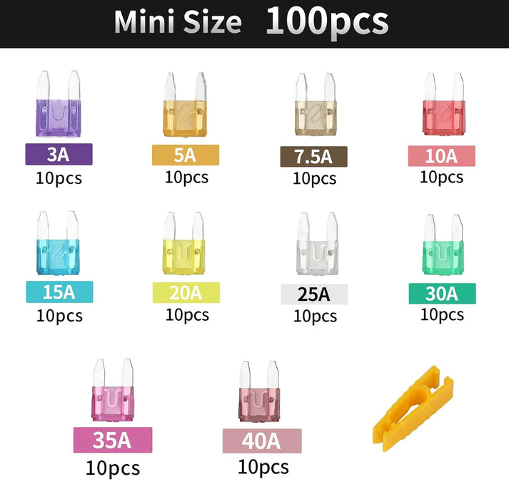 100Pcs Mini Fuse Kit - Car Fuses Assortment Kit(3Amp 5A 7.5A 10A 15A 20A 25A 30A 35A 40A) for Car/Marine/Truck/Rv/Motorcycle Replacement - Automotive Mini Blade Fuses + Fuses Puller Tool