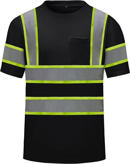 High Visibility Shirts Quick Dry Safety T Shirts with Reflective Strips and Pocket Short Sleeve Mesh Hi Vis Construction Work Class 2 Shirt for Men/Women Black Bottom Lime,Medium