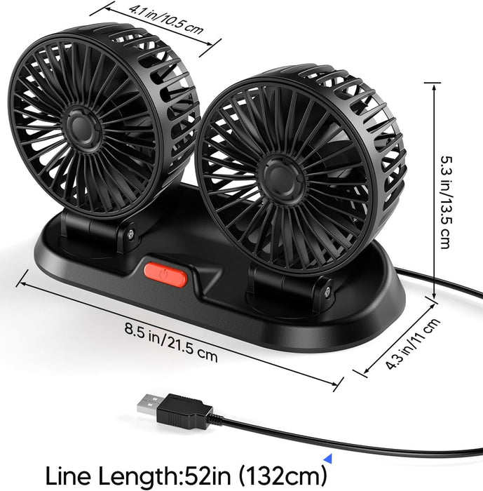 Car Fan - Dual Head USB Fan for Car, Portable Vehicle Cooling Fan - Brushless Motor(2024 Upgraded) - 3 Speeds, 360° Rotation, for Car Dashboard, Suv/Rv/Truck/Sedan/Cruise/Office, USB Powered