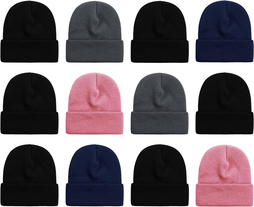 12 Pack Winter Beanie Hats for Men Women, Warm Cozy Knitted Cuffed Skull Cap, Wholesale