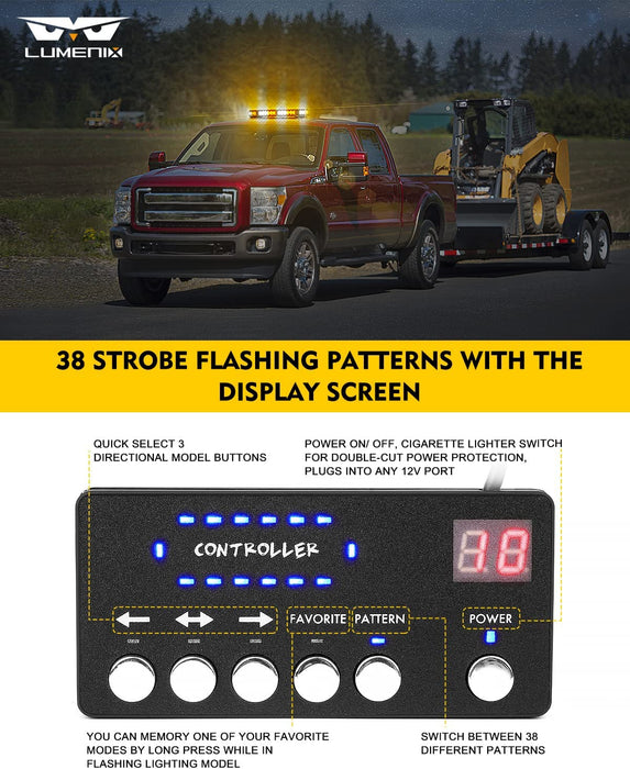 Rooftop Strobe Beacon Lights Bar W/Control Panel, Magnetic Emergency Traffic Warning Flashing Plow LED Light for Construction Vehicles Trucks Snowplow Postal Mail White/Amber (Patent Design)