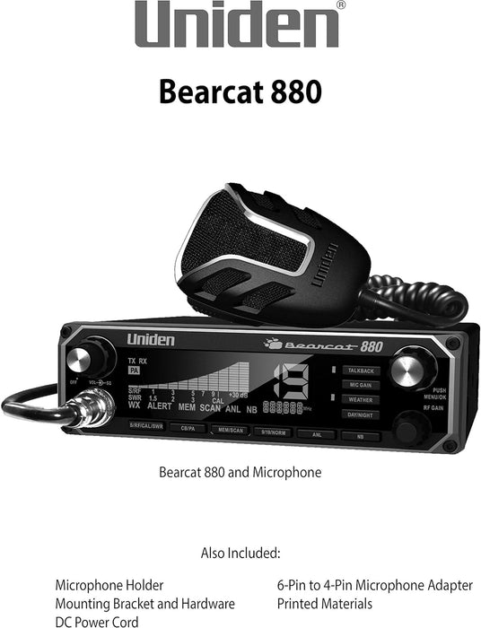 BEARCAT 880 CB Radio with 40 Channels and Large Easy-To-Read 7-Color LCD Display with Backlighting, Backlit Control Knobs/Buttons, NOAA Weather Alert, PA/CB Switch, and Wireless Mic Compatible