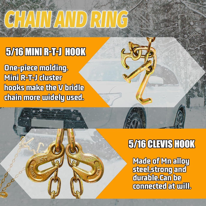 V Bridle Tow Chain|G80-5/16 Inch × 3 Foot Bridle Trailer Chain with R-T-J Cluster Hooks and Grab Hooks|7100 Lbs Working Load Limit|Bridle Transport Chain Heavy Duty with T-J Hook for Rollback