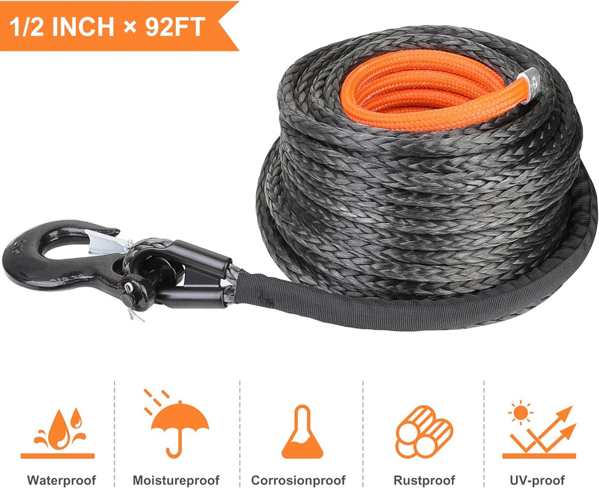 Synthetic Winch Rope Cable Kit 1/2" X 92 Ft 31500LBS Winch Line with Hook and Protective Sleeve for ATV UTV Truck off Road Vehicles