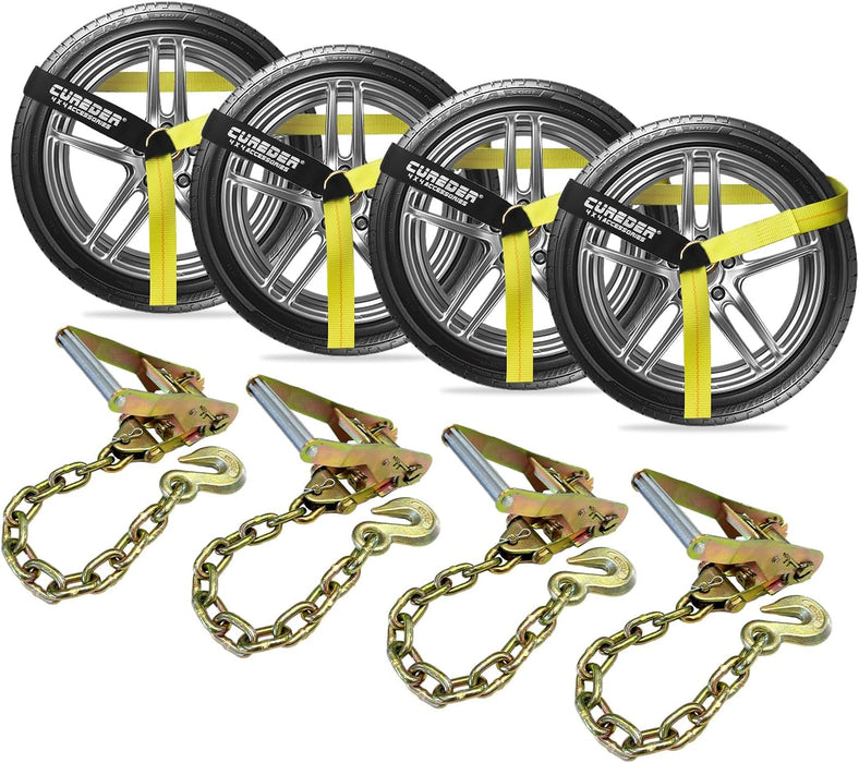 Car Tie down Straps for Trailers with Heavy Duty Chain Anchors (4 PK) - 2 Inch X 10 Feet - 3,300 Lbs Safe Working Load, Wheel Straps for Hauling Cars,Tire Straps for a Car Trailer