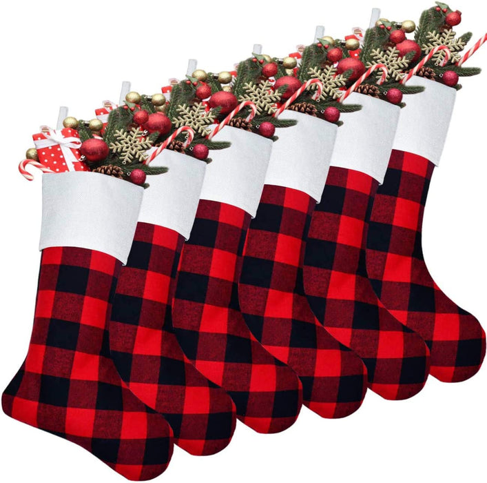 6 Pack Christmas Stockings- 18 Inch Red Black Buffalo Plaid Christmas Stockings Fireplace Hanging Stockings for Family Christmas Decoration Holiday Season Party Decor