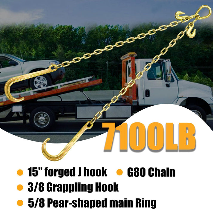 Grade 80 Chain V-Bridle | 3/8In X 2Ft Towing Chain Bridle with J Hooks and Grab Hooks | Bridle Transport Chain with 7,100LBS Safe Working Load | for Flatbed Truck Rollback Wrecker Carrier