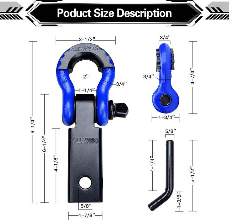 Shackle Hitch Receiver 2", 45,000 Lbs Break Strength Heavy Duty Receiver with 5/8" Screw Pin, 3/4" D Ring Shackles, Towing Accessories for Vehicle Recovery Off-Road, Blue&Black