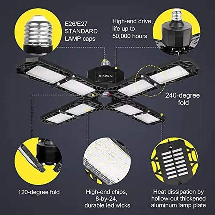 2 Pack LED Garage Light,Super Bright Screw in E26/E27 Ceiling Shop Work Lamp, 150W 15000 Lumen Deformable Basement Bulb Fixture with 8 Adjustable Panels.