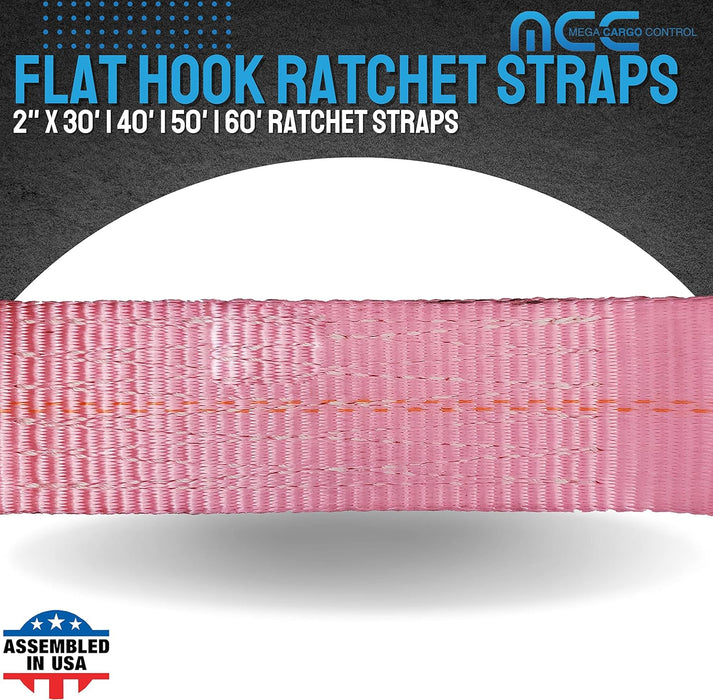 2” X 30’ Flat Hook Tie down Ratchet Straps for Flatbed, Trucks, Trailers, Farming & Construction (Pink, 4 Pack)