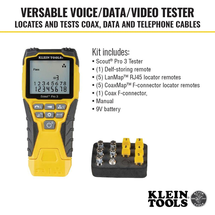 VDV501-851 Cable Tester Kit with Scout Pro 3 for Ethernet / Data, Coax / Video and Phone Cables, 5 Locator Remotes, Yellow