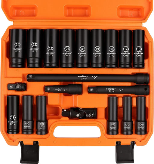 20-Piece 1/2 Impact Socket Set | Metric (10Mm - 24Mm) | 6 Point Impact Socket Set 1/2 Drive with Case | Cr-V Steel | 3", 5", and 10" Impact Extension Bars