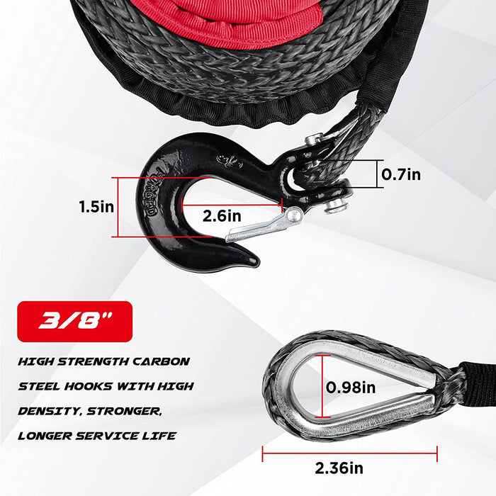 XPV 3/8" X 100Ft Synthetic Winch Rope 23,800Lbs Dyneema Winch Line Cable Rope with Hook Black for Truck 4WD off Road Vehicle Winch Accessory