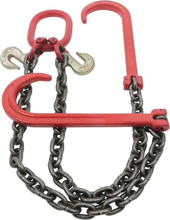 3/8" X 3' Leg G80 V Bridle Tow Chain W/Two 15" J-Hook & Eye Cradle Grab Hook - 7100 LBS WLL Long Shank J Hook Transport Tow Truck Chain for Car Towing Wrecker Recovery