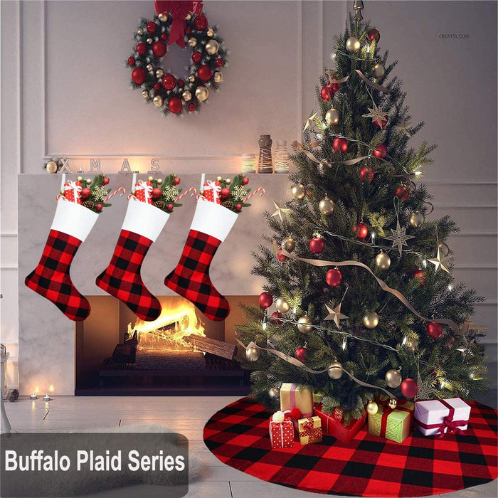 6 Pack Christmas Stockings- 18 Inch Red Black Buffalo Plaid Christmas Stockings Fireplace Hanging Stockings for Family Christmas Decoration Holiday Season Party Decor