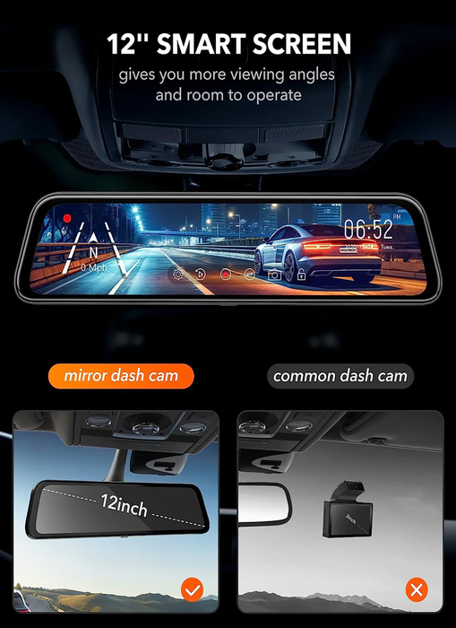 G840S 12" 4K Mirror Dash Cam Backup Camera, 2160P Full HD Smart Rearview Mirror for Cars & Trucks, Front and Rear View Dual Cameras, Night Vision, Parking Assistance, Free 32GB Card & GPS