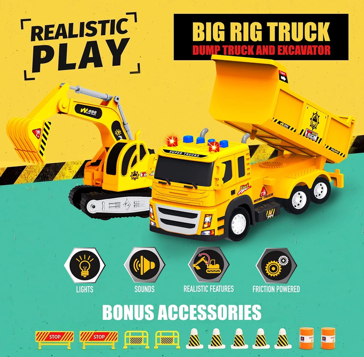 2 Pack Construction Toy Trucks - 1:12 SCALE Dump Truck + Excavator Truck with Lights and Sounds, Push and Go Realistic Big Truck Toy, Construction Vehicle Excavator Toy for Boys Ages 3, 4, 5, 6, 7, 8+