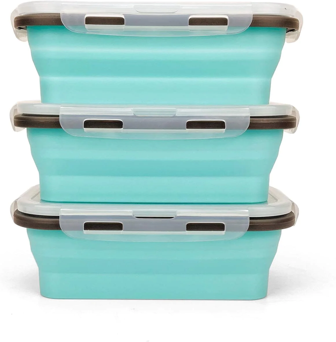 Set of 3 Collapsible Food Storage Containers with Lids, Collapsible Silicone Bowls, Silicone Lunch Containers, for Meal Prep, Camping, Travel, Microwave and Freezer Safe,500Ml,Blue