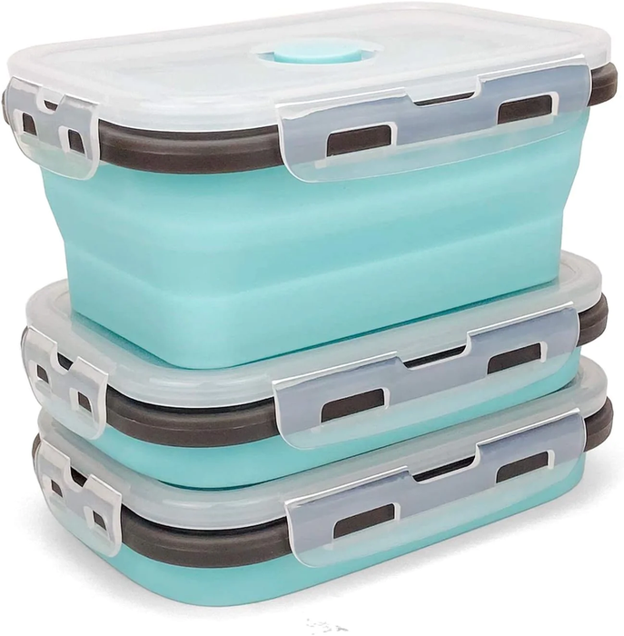 Set of 3 Collapsible Food Storage Containers with Lids, Collapsible Silicone Bowls, Silicone Lunch Containers, for Meal Prep, Camping, Travel, Microwave and Freezer Safe,500Ml,Blue